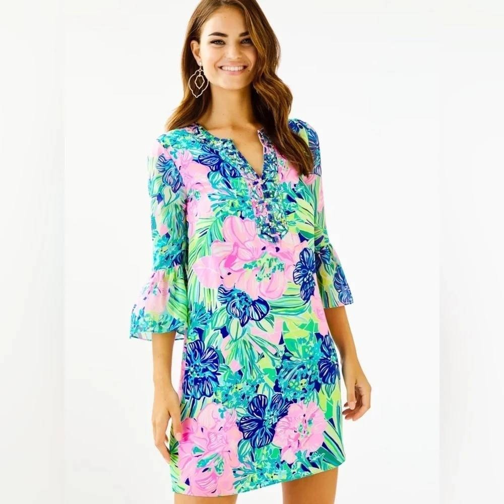 Lilly Pulitzer Elenora Silk Dress Tropical Escape Embellished Bell Sleeve XS